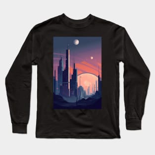 Futuristic City Skyline Art Print | Abstract Geometric Digital Design Long Sleeve T-Shirt